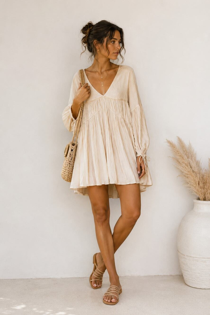 Sancia Anita Cream Silk Boho Babydoll Dress Mini Womens S V Neck Cottage Core